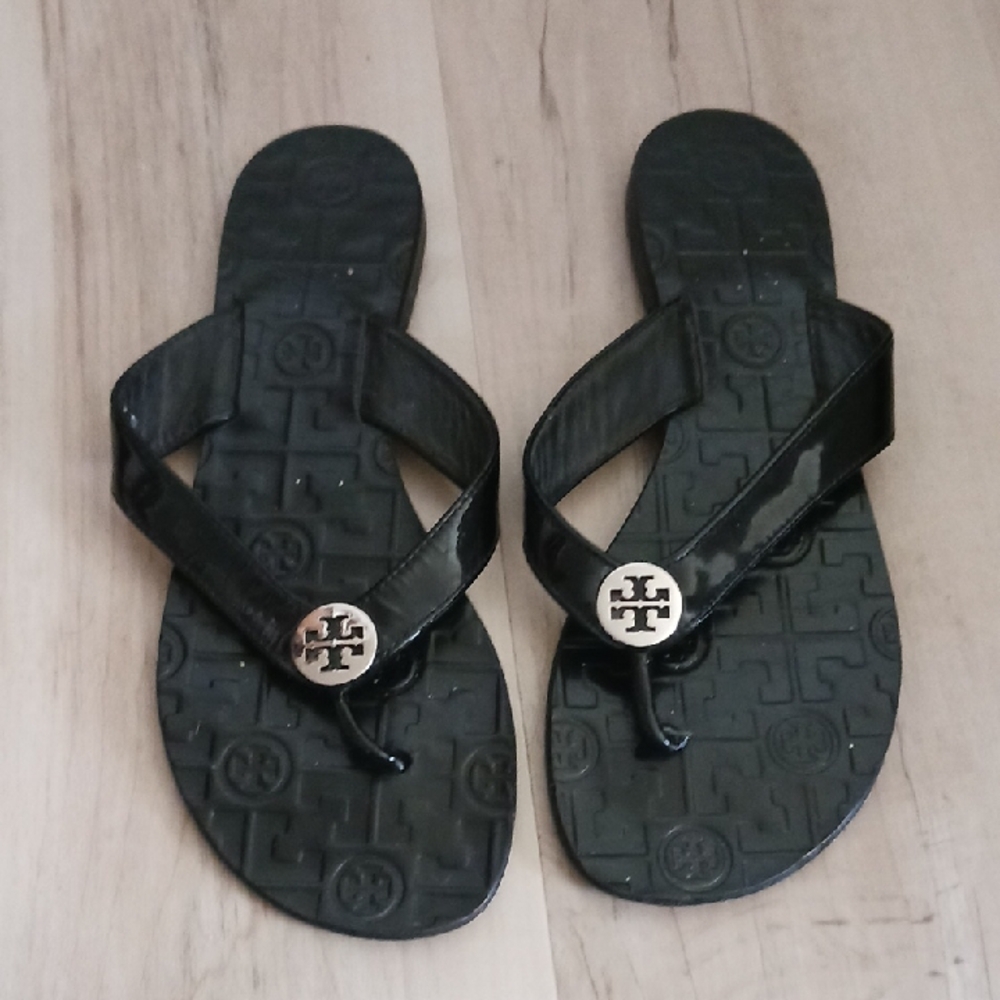 Tory Burch Black Sandals with Gold Logo